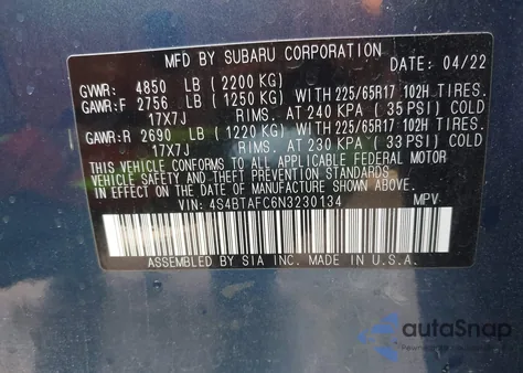 2022 Subaru Outback Premium z USA, uszkodzony, nr VIN 4S4BTAFC6N3230134